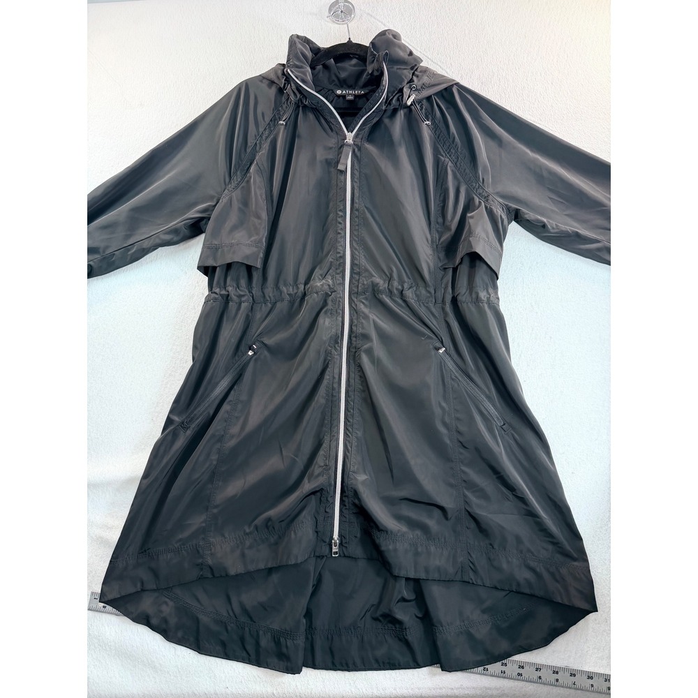 Athleta Black Longline Cinch Waist Windbreaker Parka Hooded Jacket Womens Large